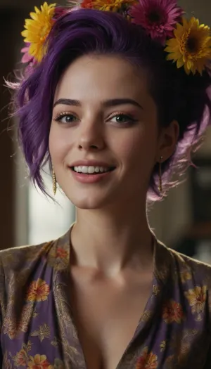 A stunning 8K masterpiece! A beautiful young woman with flawless and purple hair, high-definition skin shines brightly under natural light with subtle ray tracing and volumetric effects. Her golden-ratio face is perfectly proportioned, with parted lips and captivating eye contact that draws the viewer in. She's dressed in a blouse adorned with vibrant flowers, her mohawk styled to perfection. The camera captures her laughing, with edge lighting adding depth and dimensionality. The overall effect is one of mesmerizing beauty, presented like a photography film print.