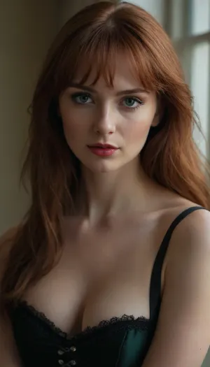 A close-up photo of a woman from Poland, with long red hair and bangs, wearing a black corset. She has a serene expression in her almond-shaped eyes, expressive green eyes, soft lips with a hint of red lipstick, and smooth, fair skin with a hint of natural glow. Her makeup includes subtle eye shadow, mascara and a light blush that highlights her cheekbones. Her hand is gently placed near her shoulder, showing off her manicured nails. She stands near a softly lit window, the soft natural light highlighting her features. The background is slightly blurred, focusing on the face and upper body. break high resolution camera, close-up lens, natural lighting, modern realism, soft shadows, intimate scenery, HD quality, natural look