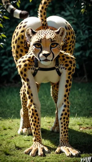 (yiff anthro furry cheetah:2), (young anthro cheetah girl), (1girl), cheetah hair, sexy thin body, (long legs), built for speed, marathon runner build, hunting, on all fours hunting, hiding in tall grass, hunting body harness, (big boobs), facial piercings, looking up at viewer, full body view, (cat paws), thick toned thighs, (huge bubble butt:1), (very wide hips), (tiny waist, tiny torso), nude anthro body
