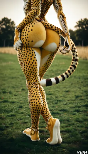 (yiff anthro furry cheetah:2), (anthro cheetah girl:1), sexy thin body, tall, (long legs:1.4), built for speed, marathon runner build, (walking across a grassland), (exotic golden body jewelry), facial piercings, side view, full body shot, (cat paws), walking on her toes, thick toned thighs, (huge bubble butt:1.4), wide hips, (tiny waist, tiny torso)