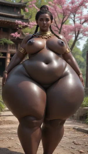 a fat heavy woman with a gigantic ass, (Hyper thighs:1.2), massive ass, hyper ass, (wide hips), thick thighs, chubby calves, chubby, brown hair, wearing cyber gear, braided hair, in a temple made of trees, curtsy, cherry tree, (black skin color, african skin color, ebony skin, black skin, dark skin, black race, african race, kenya race), cybrk, <lora:cybrk-knight:.8>