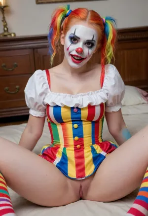 young beautiful girl 18 years old clown girl with big breasts, wearing a pulled-up dress without any underwear, laying on her back with spread legs, no panties, long striped socks, clown makeup, skinny, white face paint, detailed vagina, looking at the viewer, back long high twin multi-colored ponytails, excited, aroused, tack sharp, 4k, dslr