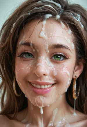super close hot of bukkake, happy and smiling, hd green eyes and detailed iris, cumshots, facial portrait picture of her face in cum facial, with natural minimal makeup, a lot of Cum on her face, cum on her eyelashes, Cum on her eyelids, Cum on her cheek skin, her face wet with Cum, Cum on her pink lips. cum on her hair, One of the ears dripping cum, woman, cum, on, face, <lora:JustCum:1.1>, <lora:add-detail-xl:.8>