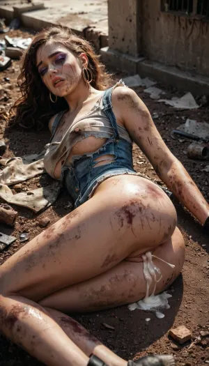 best quality, ultra detailed, masterpiece, 8k uhd, dslr, high quality, sharp body, highly detailed body, (realistic), Lisa blackpink beautiful figure crying, makeup stains, she sweats a lot, dressed in a sexy singer's outfit that was torn, lying unconscious in a dirty abandoned building, her body and clothes are dirty, she was just brutally gang-raped, a homeless man was lying on her side and fucking her ass., Cum in pussy