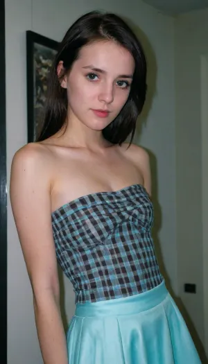 (pale yellowish skin tone), (desaturated skin color), (real amateur party), (candid surprise Photo), (amateur photo), (off-guard Photo), (unedited raw Photo), (improvised pose), (back view), (side view), (close up), (taken from a Samsung Galaxy), A candid photo of a young woman indoors, standing in front of a white wall covered with colorful BTS posters. She is facing slightly sideways but looking toward the camera with a casual expression, her hand near her chin in a soft pose. She has shoulder-length dark hair with bangs and wears a black strapless corset top and plaid skirt. The lighting is harsh and frontal, clearly coming from a direct smartphone flash, creating strong facial highlights and shadows behind her on the wall., (at night), (dark shed), (lights off), (Polaroid flash camera), (cool indoor lighting), (Direct flash photography), (Overexposed flash), (strong Shawdons), (Sharp Shawdons), (low contrast:2), (Noise in dark areas), (Shiny reflections on surfaces), (Sharp background), (Background in focus), (No background blur), (Clear background details), (Fluorescent lighting tint), (Cool white balance:1.3), (cyan-tinted shadows), (Artificial lighting with cyan hue), Scene-Queen, girl, Emo, Long, Hairstyle, Optional, Myspace, picture, flat, chested, badquality, olddigitalcamera, raw, light, leak, film, grain, jpeg, artifacts, low, res, quality, 90s, style, 80s, Analogic, 1990s, <lora:flat_chested_v3.5:.4>, <lora:badquality_v02:.5>, <lora:Old_Digital_Camera:.7>, <lora:Portraits_and_beuty (1):.4>