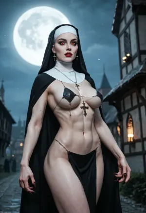 sexy scary vampire nun, pale ashen skin, athletic body, claws, night, moonlight, full moon, red eyes, bohemian village, medieval, shrouded in shadow, stalking her prey, skimpy religious habit