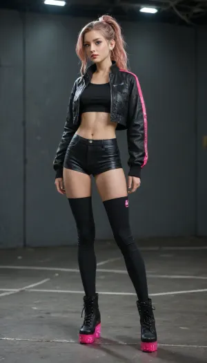 A confident Korean young woman with sleek silver-pink hair tied in a high ponytail stands on a glossy, glowing runway. She wears a cropped iridescent jacket over a black mesh bodysuit, paired with high-waisted vinyl shorts and tall white platform boots. Her hand is raised in greeting, and behind her, concentric neon rings swirl in motion against a backdrop of pulsating light and futuristic panels.