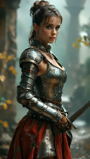 Full body view, (Movie poster for a 1960s horor movie version of breakfast at Tiffany's:1.4), beautiful sexy Girl, best quality, ultra-detailed, masterpiece, finely detail, higher, 8k wallpaper, sexy heavily armored european knight with massive tits and a slim waist plus thick thighs, elegant posture, dynamic pose, dynamic angle, dark fantasy, Rembrandt lighting, highly detailed castle overgrown with vegetation in the background, a confident plus dominant aura and demeanor, athletic body with tight abs and toned muscles, heavy weighty metal armor that's worn from battle, belts and straps, metal armor plating, metal breastplate, large metal gauntlets, large metal pauldrons, medieval knight with heavy armor, bulky thick armor, armor boots, dimly light, soft gentle lighting, chain accessories, extremely detailed face with a strong jawline plus defined cheek bones plus freckles and beauty marks, stunningly beautiful face with a intoxicatingly seductive and aroused expression, radiating powerful sexual energy, overcast and rainy, 25yo woman, cute tight ass, thick heavy metal tassets, big bow in ponytail, chainmail skirt, plain ocher velvet underdress, holds a sword, <lora:498614_training_data:.5>, <lora:tbh71-sdxl:.5>, <lora:MJ52:.8>