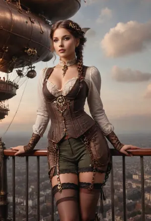 A majestic steampunk airship, the "L'Esprit de Paris, " soars through a vibrant sunset sky., (A young Frenchwoman, 20s, with olive skin, dark auburn hair styled in elegant braids, stands proudly at the airship's railing:1.4), . She wears a tailored emerald green steampunk corset dress, adorned with brass gears and intricate clockwork embellishments, sexy garterbelt and black stocking, paired with knee-high brown leather boots and goggles perched atop her head. Her expression is one of serene determination, her gaze fixed on the sprawling landscape below. Her body is slightly angled, suggesting a gentle breeze. The airship, meticulously detailed with polished brass, copper rivets, and mahogany wood, features intricate clockwork mechanisms visible through portholes. The warm glow of the setting sun casts long shadows across the clouds and bathes the airship in a warm, golden light. The background showcases a breathtaking vista of rolling hills and distant mountains, rendered in rich, saturated colors. The scene is captured from a slightly low angle, emphasizing the airship's grandeur. The overall style evokes a romanticized steampunk aesthetic, reminiscent of Art Nouveau and incorporating elements of both fantasy and realism, focusing on intricate detailing and dramatic lighting. The mood is one of adventurous wonder, capturing the spirit of a pioneering era. The image should feature a shallow depth of field, emphasizing the woman and the details of the airship. Camera lens, 50mm., steampunk_costume, steampunkai, SteamPunk, mad-stpk-ggls, mad-stpk-flcp, mad-stpk-ht, steampunknoireai, RealNylonFeets, Garterbelt, black, fabric, floral, embroidery, wearing, the, garterbelt, iron, chains, <lora:JJsSteamPunk_XL:.4>, <lora:Gearbound_Steampunk_Chic_2_SDXL:.8>, <lora:SteamPunkNoireAIp:.3>, <lora:RealNylonFeets_XL:.5>, <lora:GarterbeltXL:.5>