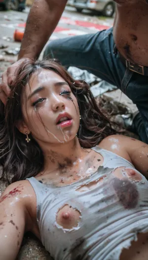 best quality, ultra detailed, masterpiece, 8k uhd, dslr, high quality, sharp body, highly detailed body, (realistic), asian Lisa blackpink beautiful figure crying, makeup stains, she sweats a lot, dressed in a sexy singer's outfit that was torn, lying unconscious in a dirty abandoned building, her body and clothes are dirty, she was just brutally gang raped, Cum on, _jbright__, Homeless man, <lora:_jbright__-000040:.8>