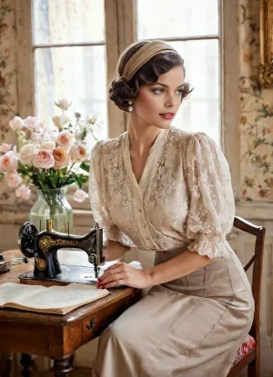 score_9, ultra-detailed, high-resolution, best quality, masterpiece, cinematic composition, source_comic, artstation, expressive lighting, 3/4 view, waist-up, a young French woman, 1920s fashion designer, shown in a 3/4 view, waist-up portrait, sitting at a sketch desk in a cozy Paris atelier, holding a pencil delicately in her hand, actively drawing in a large open notebook, the notebook clearly showing elegant hand-drawn sketches of hats on the page, wearing a soft cream lace blouse with puffed sleeves, high-waisted pleated skirt, dark stockings, vintage leather oxford heels, small pearl earrings, pince-nez glasses perched on her nose, graceful and focused expression, elegant vintage 1920s hairstyle with finger waves, no hat, beautiful detailed face, expressive comic linework, halftone shading, background, richly detailed 1920s Parisian atelier interior, golden afternoon light streaming through tall sheer-curtained windows, floral art deco wallpaper, hat stands and mannequins, fabric bolts stacked neatly, vintage sewing machine on a side table, ornate brass-framed mirror, polished wood floor, a small wrought-iron balcony with potted flowers just visible outside, warm and nostalgic ambiance