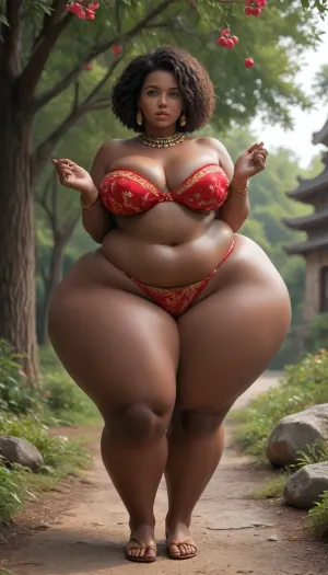 a fat heavy woman with a gigantic ass, (Hyper thighs:1.2), massive ass, hyper ass, (wide hips), thick thighs, chubby calves, chubby, brown hair, in a temple made of trees, cherry tree, (black skin color, african skin color, ebony skin, black skin, dark skin, black race, african race, kenya race), on hands and knees