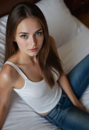 incredibly attractive 20 year old woman, slender, long brown hair, small lips, pointy nose, decent make-up, she lolls seductively on a large bed, blue jeans, white tank top, view from above, daylight