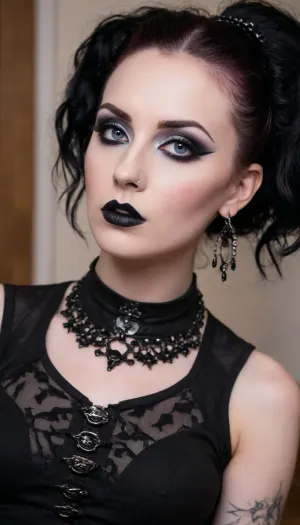 (avant-garde snapshot aesthetic, sensual portrait, goth model:1.6), (goth style, extreme goth makeup, extreme goth piercings, intricate goth hair style:1.8), (focus on eyes, sharp focus on eyes:1.7), (feminine beauty, feminine seduction:1.3), (warm and inviting color palette:1.2), (subtle contrasts:1.1), (contrasting soft shadows:1.1), (sexual tension, sexual desire, intimate foreplay, sexual ecstasy, desperate arousal:1.3), (shallow depth of field:1.4), (dramatic lighting:1.3), (blurred background:1.1), (detailed skin, maximum skin detail, detailed clothing:1.3), (natural skin texture, natural hair texture, vellus hairs, goosebumps:1.3), ziprealism
