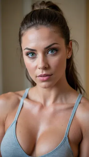 (avant-garde snapshot esthetic, solo woman, intimate facial portrait, fitness model:1.6), (muscular body, muscular shoulders, fit body, athletic hair style:1.8), (focus on eyes, sharp focus on eyes:1.7), (feminine beauty, feminine seduction:1.3), (warm and inviting color palette:1.2), (subtle contrasts:1.1), (contrasting soft shadows:1.1), (sexual tension, sexual desire, seduction, intimate bedroom scene:1.3), (shallow depth of field:1.4), (dramatic lighting:1.3), (blurred background:1.1), (detailed skin, maximum skin detail, detailed clothing:1.3), (natural skin texture, natural hair texture, vellus hairs, goosebumps:1.3), ziprealism