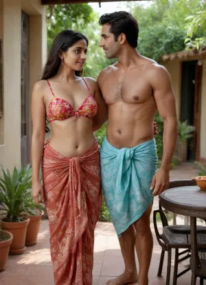 A romantic poor indian rajasthan village couple stands outdoors on a cozy patio, enveloped by lush tropical greenery and terracotta potted plants. The woman, curvaceous and confident, wears a vibrant floral bikini top paired with a sheer matching sarong tied at the waist, revealing her leg. The shirtless man, muscular and affectionate, stands closely behind her, gently wrapping his arms around her waist. Behind them, colorful clothes hang lazily on a line, swaying gently in the warm breeze. A round marble table sits nearby, holding a bowl with fruit or snacks, adding to the serene, sunlit, domestic atmosphere.", Cinematic and luxurious, view alutrawide angle, wide angle, full extra wide angle, full portrait, 4k details, extra detail, soft hands, sober face