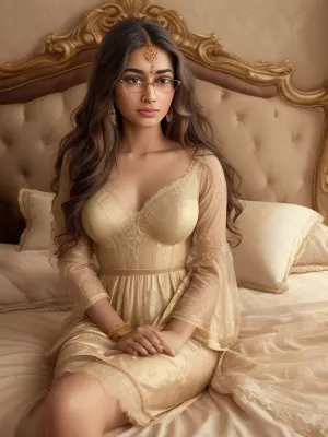 “A hyper-realistic portrait of a beautiful indian young girl sitting on a luxurious bed in an ornate bedroom. She is wearing a silky, cream-colored lace nightgown with a deep neckline, soft fabric flowing naturally. Her long wavy brown hair frames her face, and she has smooth, glowing skin with subtle makeup. The background features an elegant, gold-accented headboard and plush bedding. Warm, soft lighting enhances the cozy and romantic atmosphere.” luxurious, and cinematic.", view alutrawide angle, wide angle, full extra wide angle, full portrait, 4k details, extra detail, soft hands, sober face