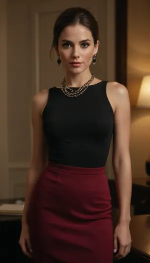 (classy elegant black top:1.2), skirt, woman, mistress, 30 years old, discrete necklace, round earrings, facing camera, seductive, full body, stunning, beautiful, perfect face, makeup, sexy pose, (score_7_up, score_8_up, score_9), best quality, masterpiece, happy, ultra high quality, (high quality), (detailed face), (detailed body), (ultra realistic)