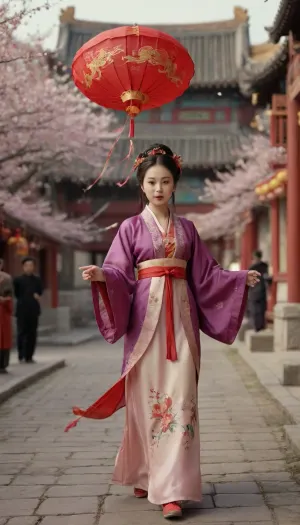 Ancient China of the Ming era, a beautiful young Chinese woman running along a festively decorated city street, huge flying a kite made in the form of a Chinese dragon, ((traditional Chinese dress opened on the chest)), around a lot of plum blossoms, super detailed background, high definition, UHD quality, szhf, dress, <lora:szhf:.4>