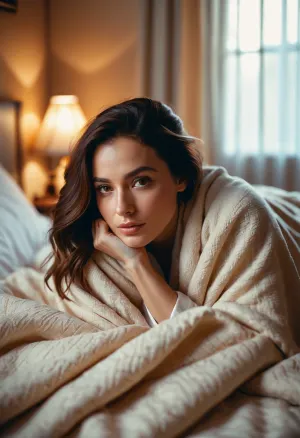 full portrait, soft warm light, in bed, cozy, laying under a blanket