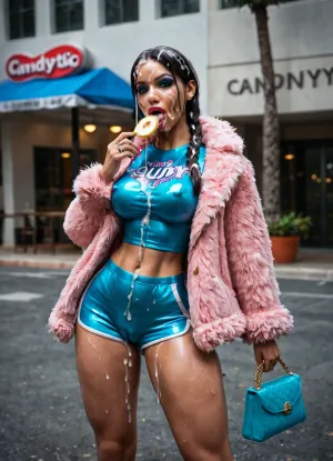3d rendering perfection, (view from side looking at viewer:1.1), two east european centerfold bimbo whore, skinny feminine, pigtail brunette clips, eyes, super heavy makeup, rings chains piercings, glossy lipstick, very big bimbo lips, (eating very sexual BigFatCandystick dripping liqits:1.4), eyeliner bluegreen, hips side, (super long amazing legs:1.2), extra big plateau boots, (cameltoe clothes:1.4), hot micro dolphin shorts shiny pastel light blue, thongstrap, (shiny reflections:1.2), super waist, (portrait facial cum covered with cum in hair:1.5), fluffy pink fur jacket, liquit dripping mouth on chest, handbag, funpark outside sun, perfect illumination cameltoe, ultra high resolution picture 8k