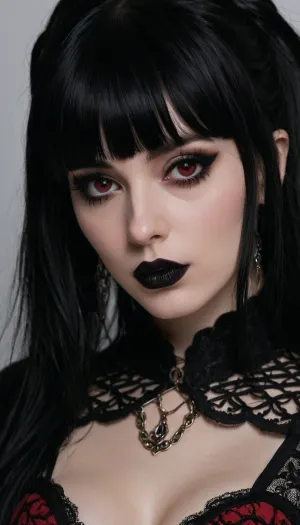 gothic, goth, pale skin, dark black-red eyes, black hair, bangs hair, black eyeliner, (black lipstick), white skin, perfect eyes, small eyes, detailed eyes, small nose, good anatomy, ultra detailed, high resolution, fake breasts, slut face, whore, (ahegao:1), sexy posing, (illustration:1), (hand drawn:1), (anime:1)