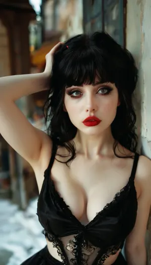 gothic, goth, pale skin, dark black-red eyes, black hair, bangs hair, black eyeliner, (black lipstick), white skin, perfect eyes, small eyes, detailed eyes, small nose, good anatomy, ultra detailed, high resolution, fake breasts, slut face, whore, (ahegao:1), sexy posing, (illustration:1), (hand drawn:1), (anime:1), <lora:style_lora_realis:1>, <lora:EnvyZoomSliderXL01:-1>