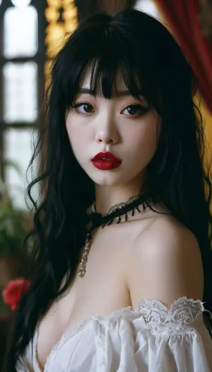 gothic, goth, (asian), pale skin, dark black eyes, black hair, bangs hair, black eyeliner, (black lipstick), white skin, perfect eyes, small eyes, detailed eyes, small nose, good anatomy, ultra detailed, high resolution, fake breasts, slut face, whore, (ahegao:1), sexy posing, <lora:MJ52:.8>
