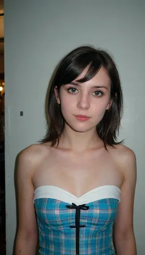 (pale yellowish skin tone), (desaturated skin color), (real amateur party), (candid surprise Photo), (amateur photo), (off-guard Photo), (unedited raw Photo), (improvised pose), (back view), (side view), (close up), (taken from a Samsung Galaxy), A candid photo of a young woman indoors, standing in front of a white wall covered with colorful BTS posters. She is facing slightly sideways but looking toward the camera with a casual expression, her hand near her chin in a soft pose. She has shoulder-length dark hair with bangs and wears a black strapless corset top and plaid skirt. The lighting is harsh and frontal, clearly coming from a direct smartphone flash, creating strong facial highlights and shadows behind her on the wall., (at night), (dark shed), (lights off), (Polaroid flash camera), (cool indoor lighting), (Direct flash photography), (Overexposed flash), (strong Shawdons), (Sharp Shawdons), (low contrast:2), (Noise in dark areas), (Shiny reflections on surfaces), (Sharp background), (Background in focus), (No background blur), (Clear background details), (Fluorescent lighting tint), (Cool white balance:1.3), (cyan-tinted shadows), (Artificial lighting with cyan hue), Scene-Queen, girl, Emo, Long, Hairstyle, Optional, Myspace, picture, flat, chested, badquality, olddigitalcamera, raw, light, leak, film, grain, jpeg, artifacts, low, res, quality, 90s, style, 80s, Analogic, 1990s, <lora:flat_chested_v3.5:.4>, <lora:badquality_v02:.5>, <lora:Old_Digital_Camera:1.4>, <lora:Portraits_and_beuty (1):.4>