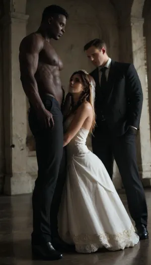 interracial, giant angry muscular black skin man.
A cinematic and artistic portrait of a slightly curvy Iranian bride in a luxurious, Persian-inspired white wedding gown. Captured from a unique angle — slightly from above or from the side — adding a sense of elegance and storytelling. She stands in warm, soft lighting, in front of a minimalist modern background with earth-tone colors. Her expression is calm and graceful, her gaze slightly away from the camera. She wears delicate golden jewelry, and a sheer lace veil softly flowing. The shot has a shallow depth of field, golden highlights, and a soft cinematic color grade. The composition feels like a frame from an art-house romantic film., ((there is a huge giant black skin muscular man in a suit standing near the bride and Black man shoves his huge cock deep into bride's throat)), The composition highlights her natural beauty and confidence, with a soft glow and cinematic style lighting. Captured with a shallow depth of field and high resolution., upside, down, one, BadX, 4ng3l, face, <lora:face_upsidedown:1>, <lora:dark:.5>, <lora:SDXL_BetterFaces-LoRA_v1:1>, rope, black, tape, gag, bondage, <lora:bdsm_SDXL_1_:.8>