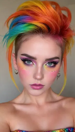(avant-garde snapshot aesthetic, adorable girlfriends:1.6), (punk rock model, punk attitude, punk hair style, eye catching hairstyle, vibrant hair:1.5), (rainbow makeup, vibrant makeup, shimmering makeup, pride makeup:1.6), (focus on eyes, sharp focus on eyes:1.7), (feminine beauty, feminine seduction, feminine power, feminine allure:1.3), (sexual tension, sexual desire, seduction:1.3), (detailed skin, maximum skin detail, detailed clothing:1.3), (natural skin texture, natural hair texture, vellus hairs, goosebumps:1.3), (warm and inviting color palette:1.2), (subtle contrasts:1.1), (contrasting soft shadows:1.1), (shallow depth of field:1.4), (dramatic lighting:1.3), (blurred background:1.1), ziprealism, igbaddie, <lora:igbaddie-XL:.8>
