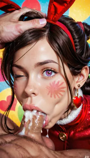 (ty lee from avatar the last airbender), (one eye half closed), deepthroat, pov, cum overflow in her mouth, dick, man pushing her head for a deep deepthroat, shocked, puffy cheeks, cum dripping from his nose, slap marks on the face, pounding movement, lots of color, colorful, hands on head pushing it into crotch, big ass, (one eye almost closed), heart eyes, bunny costume, heart shaped fire background, side view