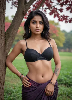 “A confident poor indian young hooker, ((prostitute)), andwoman poses against a big tree in farm, exuding boldness and attitude. She wears a poor black draped saree wrapped around her waist, paired with a minimal mauve bra, showcasing her tattoos and wet, tousled hair. Her intense gaze and poised stance add a daring, modern twist to the traditional drape, creating a striking and edgy aesthetic. A few red leaves enter the frame from the side, subtly softening the bold composition. Viw her back side ”, Cinematic and luxurious, view alutrawide angle, wide angle, full extra wide angle, full portrait, 4k details, extra detail, soft hands, sober face
