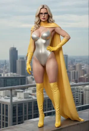 Full body, Diamond Milf, extremely large breasts, extremely large ass, extremely large hips, extremely thin waist, extreme hourglass figure, top heavy, bottom heavy, front heavy, back heavy, bimbo body, athletic, strong, muscular, milf, long wavy platinum blonde hair, pale skin, glasses, light makeup, yellow eyes, super heroine, white leotard, sleeved pale yellow gloves, thigh high pale yellow heeled boots, pale yellow cape, pale yellow eye mask, standing on top of building