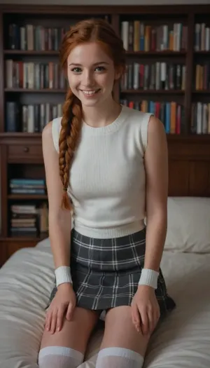 1 girl, college age, American, very cute, happy smiling face, (reddish auburn hair), (intricate braided hair), skinny, short waist, skinny thighs, petite, short, (plain white sleeveless sweater), (dark grey plaid mini skirt), white cotton knee high socks, dorm room, bed, desk, bookshelves, full figure portrait, giving a cute pose for the camera