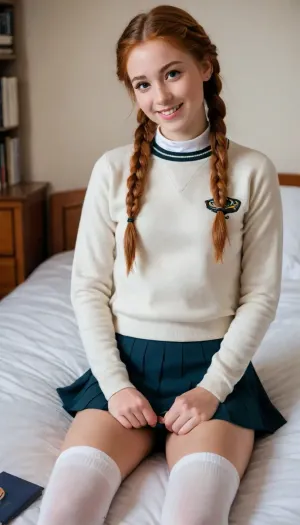 1 girl, freshman, American, very cute, happy smiling face, (reddish auburn hair), (intricate braided hair), skinny, small waist, skinny thighs, petite, small flat, (collegiate uniform with a sweater and a mini skirt), white cotton knee high socks, dorm room, books, pillows, sitting on the edge of her bed