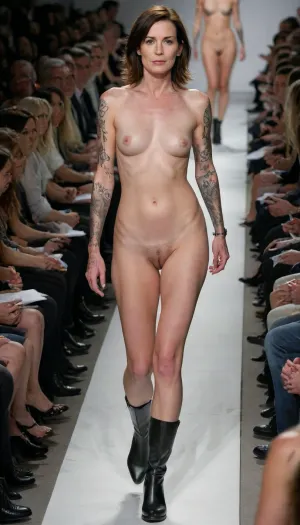 slender pale tattooed 59yo american brunette mature woman, ((full frontal nude, full body)), freckles, tattoos on arms and breasts and neck and legs, large tattoos, black rubber boots, flat-chested, tiny breasts, small tits, on a catwalk, watched by elegantly clothed people sitting in the audience, <lora:PostApocalyptic_Chernobyl_v3:.8>