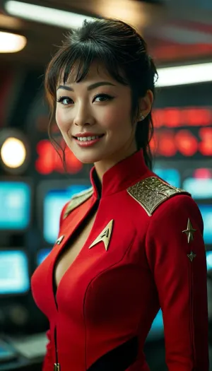 Star Trek, sexy asian star fleet officer, Star Trek uniform, tanned, sexy smile, <lora:add-detail-xl:.8>, <lora:MJ52:.8>