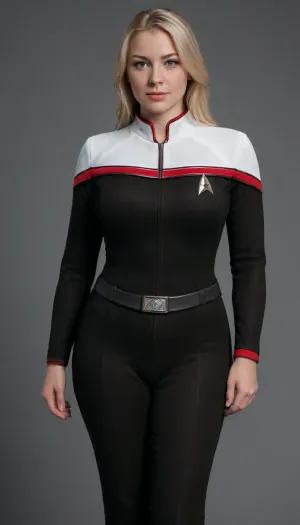 brightly lit from above, 1woman, scene in StarTrek ship, 8k, ultra detailed, gorgeous face, perfect beauty, 40 years old, very long flowing natural blonde hair, (clear sparkling eyes:1.5), random view picture taken with DSLR camera, random sexy pose, boobs, large boobs, tits, hourglass shaped body, bubble butt, perfect large round ass, slim waist, flat stomach, wide hips, Scandinavian ethnicity, (her mostly opened uniform shirt to reveal braless really deep cleavage:1.4), deep cleavage, side boob, (full body in view), wide jawline, square forehead, straight hair, pretty realeyes, high cheekbones, freckles, stoddunf, uniform, white, shoulders, <lora:OdysXL:.9>, <lora:breasts_slider_v10:2>