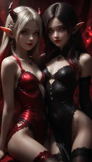 Two girls, succubus, succubus tattoo, monster girl, blush, (huge horns), elf ears, (long ears), (small breasts:1.3), (They press their breasts against their chests:1.3), huge hips, long hair, multicolored hair, red hair, sitting, streaked hair, white hair, yellow eyes, (revealing clothes:1.5), (fantasy clothing:1.5), (precious stones:1.1), (luxury), (pussy), red lipstick, (playful look), (lustful smile:1.2), (lustful:1.2), dark makeup, ((in super sexy very lace transparent underwear red colour)), (A part of the silk dress lies sexy between the legs), (red, ruby, black, multicoloured silk fabric), UHD 8K, extreme realism, High skin texture, photorealistic, maximum detail, Gothic girl, charming girl, looking directly at the viewer, a light inviting smile, slender figure, (Demonic horns, Elegant elf ears), black+red Long satin transparent dress, dress with ragged edges, beautiful elastic ass, sexy feminine hips, sexy legs, small breasts in lace armor bra, in red armor corset, black sexy lace stockings, torn stockings, red glowing pupils, all in black+red shades, Multicolour Ruby Rose Hairstyle, black+red eyes, black+red makeup, black+red jewelry, black+red glowing background, multicolour glossy black+red, flat, chested, <lora:dark:.5>, <lora:flat_chested_v3.5:.7>, <lora:scarlem:.7>, <lora:Fae_Armor_XL-000008:.7>, <lora:EnvyZoomSliderXL01:2>