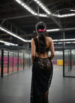 “
A young indian woman with long dark hair standing in a modern indoor setting, possibly an basketball Stadium station, with a glass structure and seating area in the background. She is wearing a sheer black lace sari with intricate patterns and a matching black head tie, with a pink bangles being pulled off over her head, revealing her back. She is also wearing sheer black tights, and the scene appears to be captured in a candid moment., views her back side, looking forward" Cinematic and luxurious, view alutrawide angle, wide angle, full extra wide angle, full portrait, 4k details, extra detail, soft hands, sober face