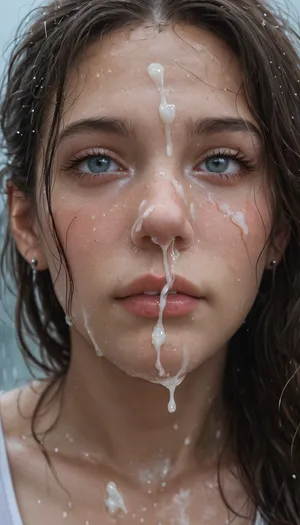 Grey and raining, 3 cm long pubic hair, no panties, (cum running out nose:1.5), (Cum flows:1.5), (cum on face:1.4), (cum on eyes:1.5), (close up)