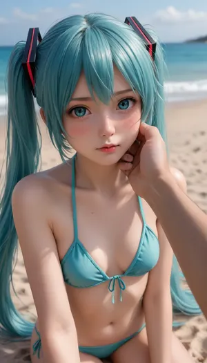 Hatsune Miku, mini bikini, pov cheek grab, in love, (((blush))), pouting lips. beach, masterpiece, <lora:FastNegative:1>