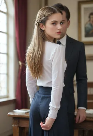 (18yo young girl), reluctantly lifting her skirts to show her skinny butt, wearing school uniform, white shirt, red micro skirt, (skinny butt), ((very angry, bitchy, sad, ashamed, arrogant:.6)), ((perfect face)), 18yo, forced, reluctant, sad, scandinavian, young 18yo, diamond shaped face, (various hairstyle blonde and brunette hair long hair), in old victorian mansion, decorated with vintage furniture, skirt, lift, ., <lora:skirtLift:.6>, ((A stern looking man wearing a suit is standing behind her. His hands are on her arms)), prebac, frontlb, rearlb, bothlb, presenting, backside, <lora:PresentBackside.0.9:.8>