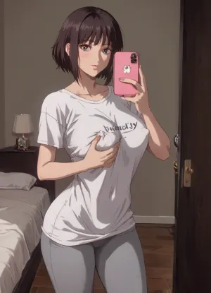 Huge fake breasts, grey leggings, brunette, very lustful, very horny, standing, huge ass, huge hips, oversized T-shirt, apartment, ass view, skinny, skinny thighs, mirror selfie, erect nipples, grabbing breasts, <lora:NEOTOKIOXL_0.2_RC:1.4>