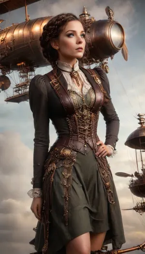 A majestic steampunk airship, the "L'Esprit de Paris, " soars through a vibrant sunset sky., (A young Frenchwoman, 20s, with olive skin, dark auburn hair styled in elegant braids, stands proudly at the airship's railing:1.4), . She wears a tailored emerald green steampunk corset dress, adorned with brass gears and intricate clockwork embellishments, paired with knee-high brown leather boots and goggles perched atop her head. Her expression is one of serene determination, her gaze fixed on the sprawling landscape below. Her body is slightly angled, suggesting a gentle breeze. The airship, meticulously detailed with polished brass, copper rivets, and mahogany wood, features intricate clockwork mechanisms visible through portholes. The warm glow of the setting sun casts long shadows across the clouds and bathes the airship in a warm, golden light. The background showcases a breathtaking vista of rolling hills and distant mountains, rendered in rich, saturated colors. The scene is captured from a slightly low angle, emphasizing the airship's grandeur. The overall style evokes a romanticized steampunk aesthetic, reminiscent of Art Nouveau and incorporating elements of both fantasy and realism, focusing on intricate detailing and dramatic lighting. The mood is one of adventurous wonder, capturing the spirit of a pioneering era. The image should feature a shallow depth of field, emphasizing the woman and the details of the airship. Camera lens, 50mm., steampunk_costume, wearing, steampunkai, SteamPunk, <lora:JJsSteamPunk_XL:.8>, mad-stpk-ggls, mad-stpk-flcp, mad-stpk-ht, <lora:Gearbound_Steampunk_Chic_2_SDXL:.8>, steampunknoireai, <lora:SteamPunkNoireAIp:.8>