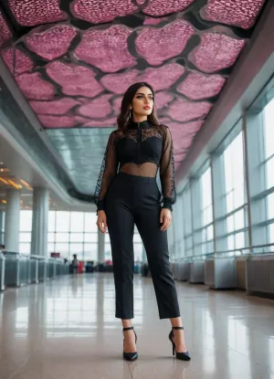 “A stylish Pakistan woman in a bold sheer black outfit, standing confidently in a modern airport terminal. She is removing a pink top, revealing intricate mesh details and embroidered patterns. The architecture features sleek metallic columns, glass panels, and a high, wave-patterned ceiling. The scene is vibrant, with travelers and airport activity in the background. Captured in cinematic lighting with a focus on fashion-forward confidence and urban glamour.." looking forward" Cinematic and luxurious, view alutrawide angle, wide angle, full extra wide angle, full portrait, 4k details, extra detail, soft hands, sober face