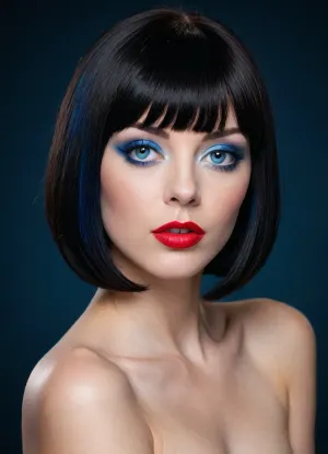 shot of a beautiful woman, (((jet-black micro bob hair with full blunt bangs))), (((red lipstick, black fashion style eyeliner, black eyeshadow))), (((nude))), (((blue eyes))), full lips, woman looking at viewer, extremely submissive look on her face, closeup view from the side, solid black background, high contrast lighting, <lora:Creat0r_MagicDetailzV2_FIX:.1>