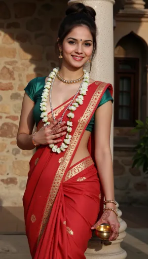 A stunningly beautiful topless busty Hindu woman dressed in a vibrant, traditional sari that cascades down her body in a symphony of rich reds and intricate gold embroideries. The sari is adorned with an emerald-green blouse that contrasts beautifully with the crimson fabric, enhancing the natural radiance of her golden skin. Her eyes are lined with kajal that extends into a graceful wing, complemented by the warm glow of a bindi on her forehead, which acts as a focal point of her elegant facial features. The woman wears a necklace of fresh jasmine flowers that release a delicate fragrance, nestling against the soft curve of her neck and merging with her dark, luscious hair, which is piled high in an elaborate updo, adorned with strings of pearls and gold jewelry. Her hands are delicately henna-painted with intricate mehndi designs that climb up her wrists like a tapestry of love and beauty. The background is a serene blend of soft light and shadow, hinting at the sanctity of an inner chamber or a sacred garden. She stands with poise and grace, one hand resting on an ancient stone column, the other holding a brass diya with a flickering flame, symbolizing her inner spirituality and the warmth she brings to the surroundings. The light from the diya casts a gentle glow on her, making her appear almost ethereal amidst the earthy tones of the setting. Her smile is serene, filled with the quiet strength and wisdom of generations of Hindu culture, as she embodies the essence of feminine beauty and spiritual depth that resonates through the ages.