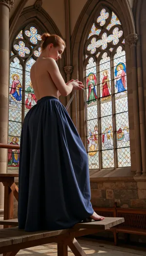 A busty female stained glass master of the Middle Ages, adorned in the traditional attire of the period, meticulously crafting a vibrant and intricate stained glass masterpiece within the lofty arches of a Gothic cathedral. She stands atop a wooden scaffold that reaches towards the heavens, surrounded by a kaleidoscope of colored panes and lead strips. Her hands are steady and skilled as they manipulate the delicate pieces into place, guided by the light of the sun that filters through the partially completed windows. Her auburn hair is tied back in a neat bun, a few strands escaping to frame her focused face which is illuminated by the soft glow of the glass. The cathedral itself is a majestic backdrop with soaring pointed arches, ribbed vaults, and ornate pillars that stretch to the heavens. The floor is a mosaic of polished stone, reflecting the vibrant colors that dance on the walls from the sun's embrace. The air is filled with the sweet scent of burning candles and the distant echo of choral hymns. Her voluminous dress, made of a heavy fabric that matches the deep blues and purples of the glass, billows slightly with the breeze that wafts in through the open windows. The light from outside casts dramatic shadows on her figure, emphasizing her curves and the folds of her garment. The cathedral is alive with the energy of creation as the woman, a beacon of artistic genius in a male-dominated era, brings divine beauty to life in this sacred space. Each stroke of her tool, each breath she takes, adds to the tapestry of light and color that will soon transform the cathedral's interior into a heavenly sanctuary for all to admire.